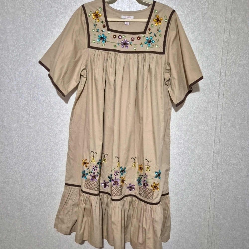 GO SOFTLY Tan Ruffled Midi Dress with Square Neck and Flutter Sleeves...Size:L